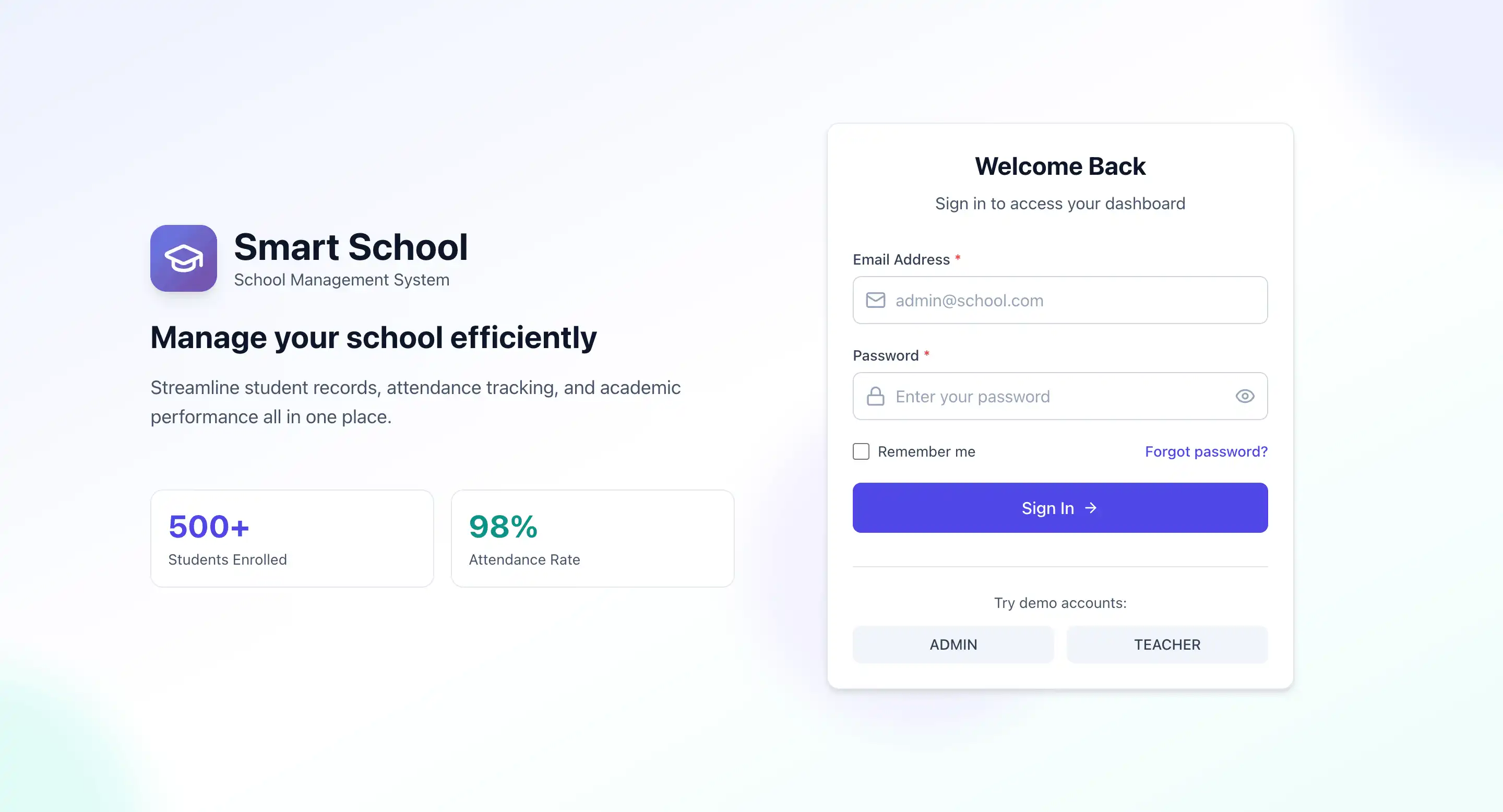 Smart School dashboard desktop